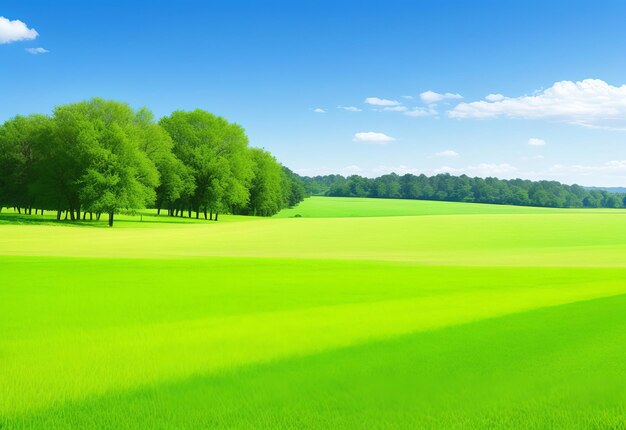 um campo de grama verde com árvores e um céu azul no estilo de paisagens fotorrealistas alegres