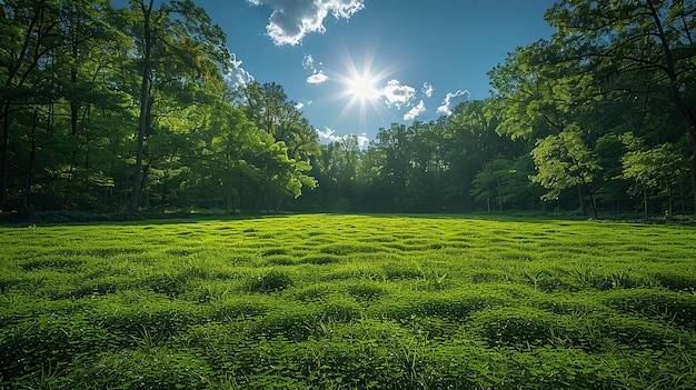 um campo de grama verde com o sol brilhando através das árvores