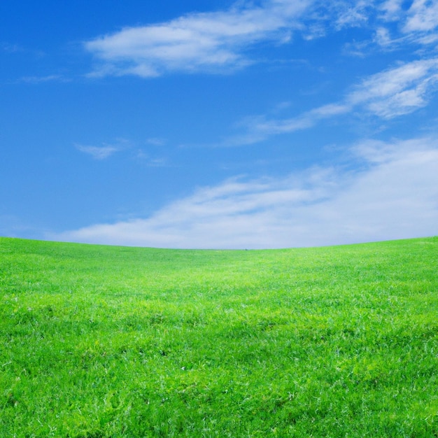 Foto um campo de grama verde com um céu azul ao fundo.