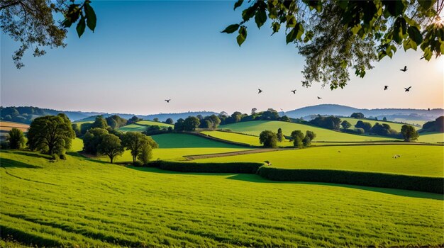 Um campo de grama verde com um céu azul e árvores ao fundo.