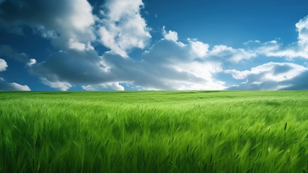 Um campo de grama verde com um céu azul e nuvens ao fundo.