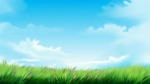 Um campo de grama verde com um céu azul e nuvens