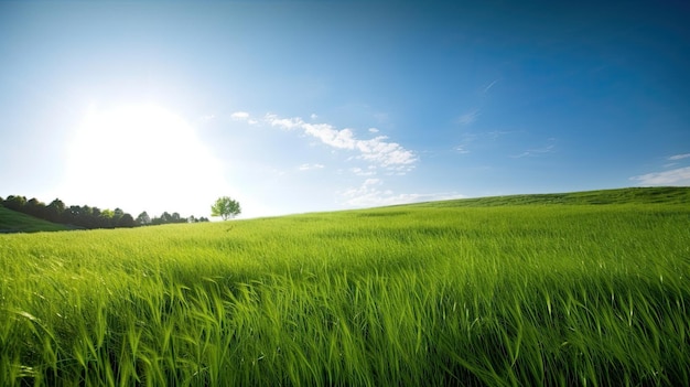 Um campo de grama verde com um céu azul e o sol brilhando sobre ele.