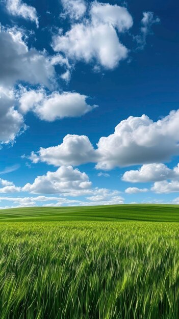 Um campo de grama verde contra nuvens e céu azul.