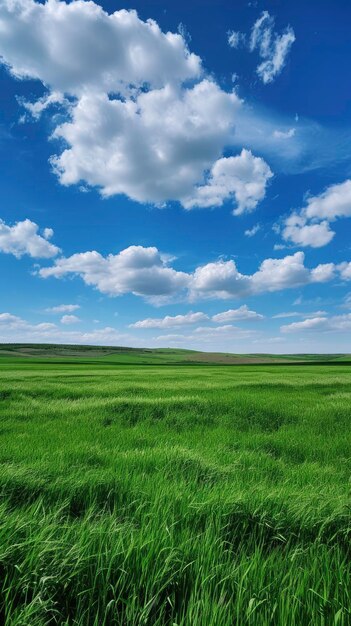 Um campo de grama verde contra nuvens e céu azul.