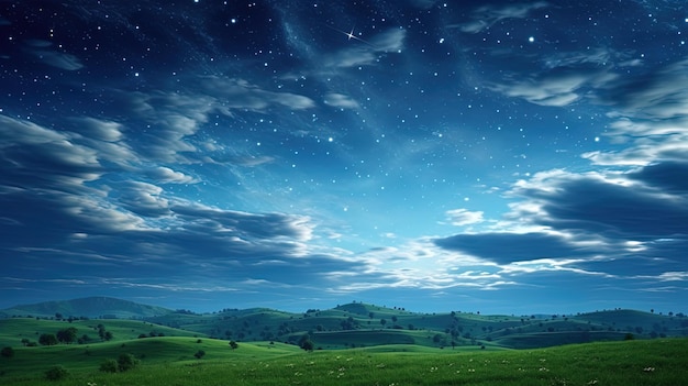 um campo de grama verde e céu azul com nuvens e árvores.