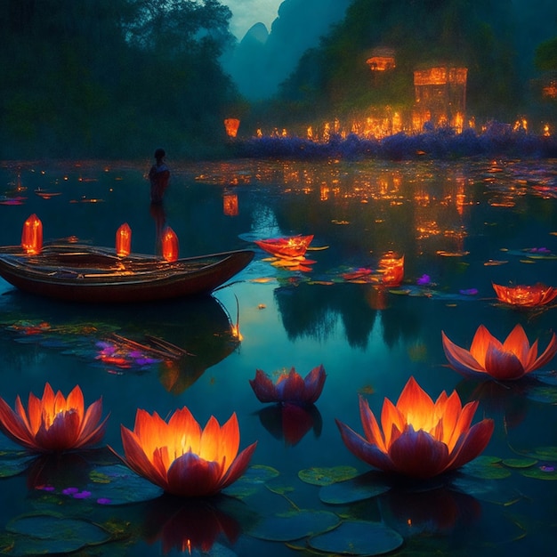 Um campo de lago com flores de lótus à noite imagem gerada por IA