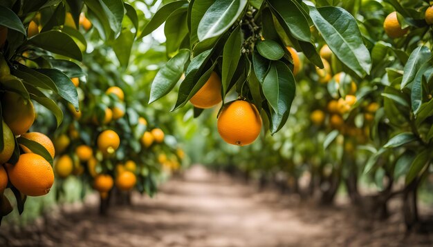 um campo de laranjas com o sol a brilhar sobre eles