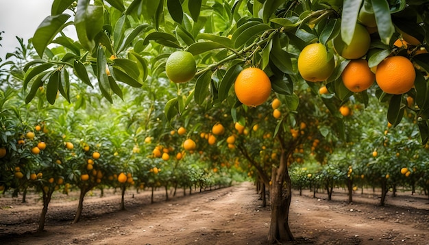 um campo de laranjas e uma árvore com laranjas penduradas nela