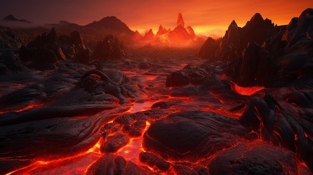 Um campo de lava com um céu vermelho e uma montanha ao fundo