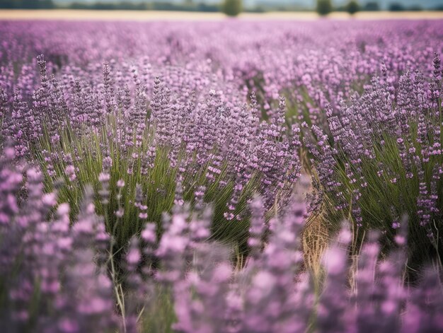 Foto um campo de lavanda com um campo de flores roxas