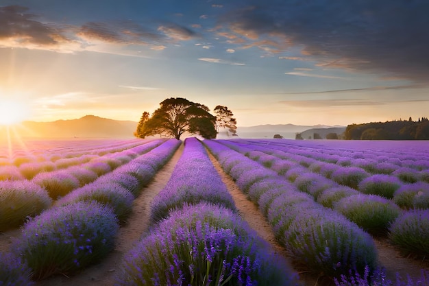 Um campo de lavanda com um pôr do sol ao fundo