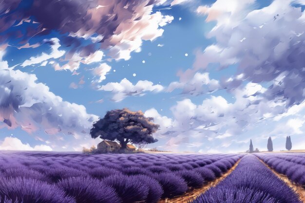 Um campo de lavanda com uma árvore no horizonte