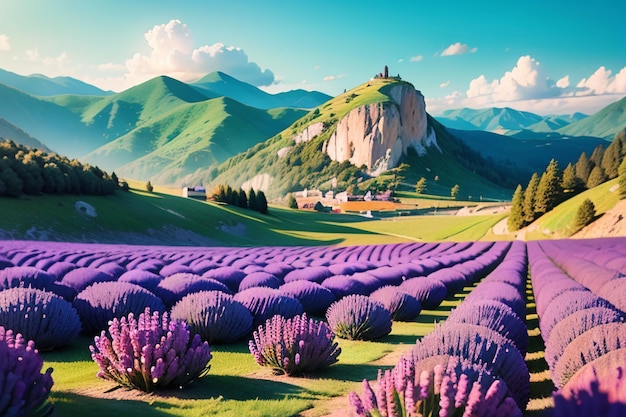 Um campo de lavanda em frente a uma montanha