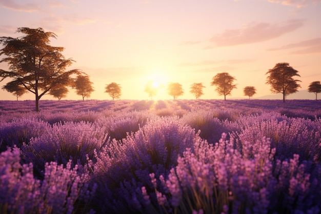 Um campo de lavanda sonhador com fileiras de árvores no 00133 00