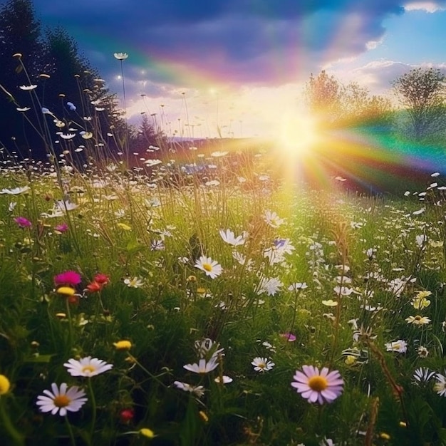 um campo de margaridas com o sol atrás delas