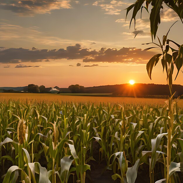 Foto um campo de milho com o sol a pôr-se atrás dele