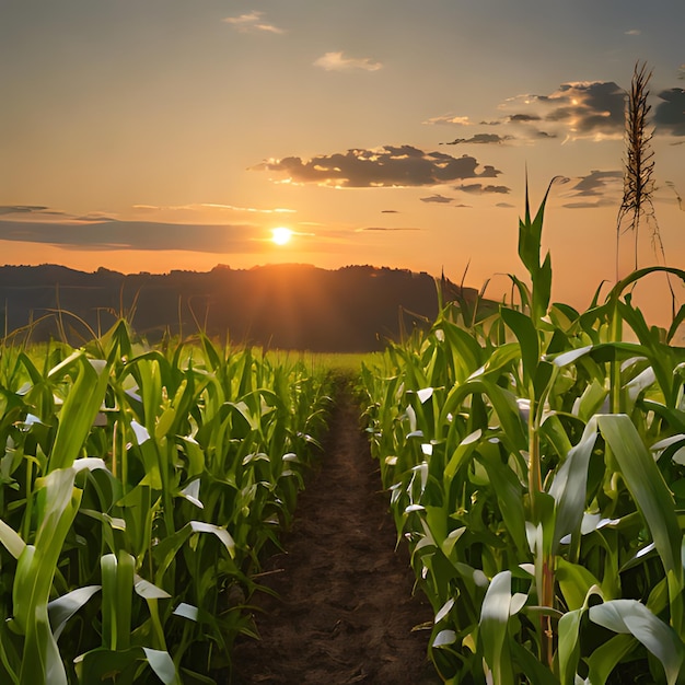 Foto um campo de milho com o sol a pôr-se atrás dele