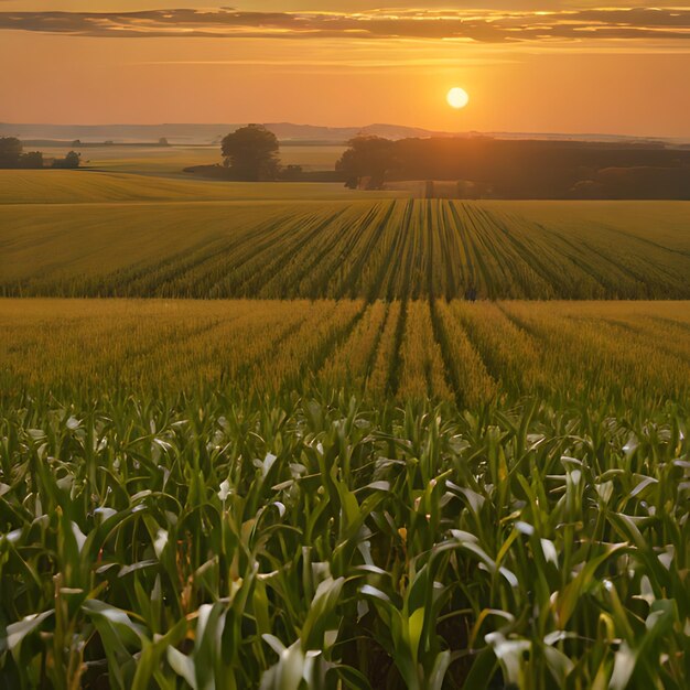 um campo de milho com o sol a pôr-se atrás dele