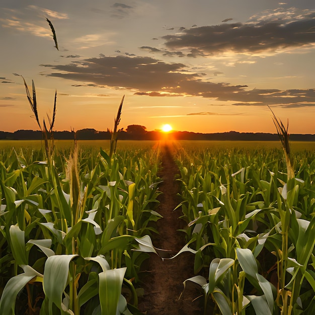 Foto um campo de milho com o sol a pôr-se atrás dele