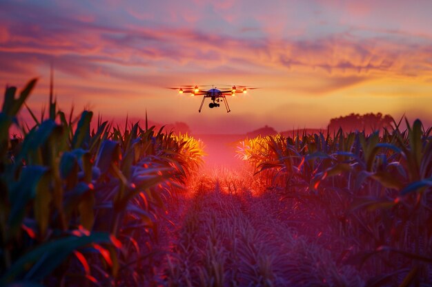 um campo de milho com um drone voando sobre ele e um campo de grão com o sol atrás dele