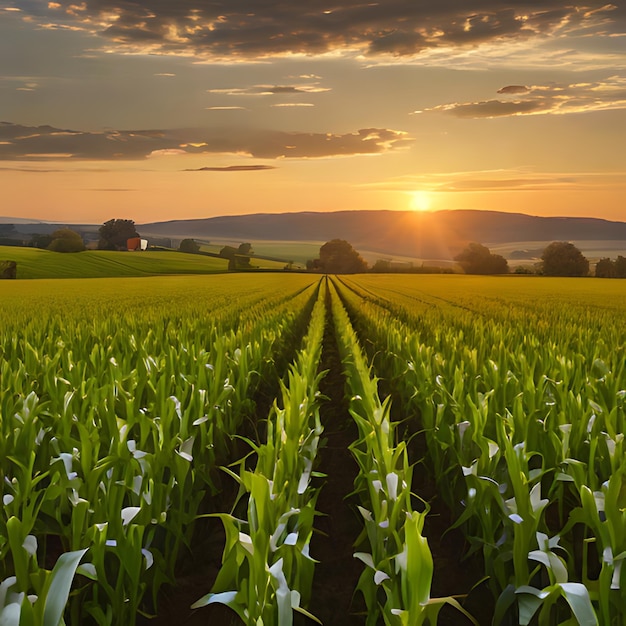 um campo de milho com um pôr-do-sol no fundo