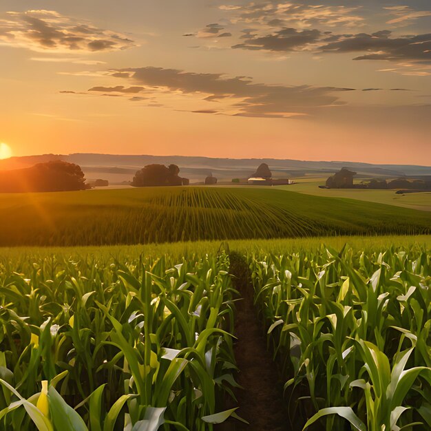 um campo de milho com um pôr-do-sol no fundo