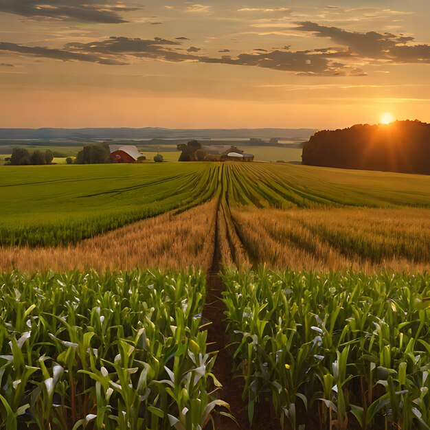 um campo de milho com um pôr-do-sol no fundo