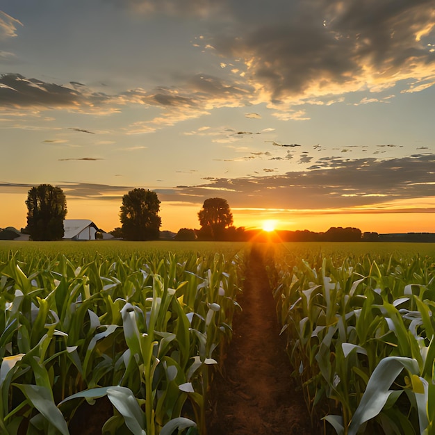 Foto um campo de milho com um pôr-do-sol no fundo