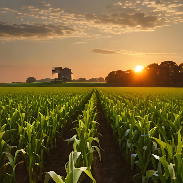 um campo de milho com um pôr-do-sol no fundo