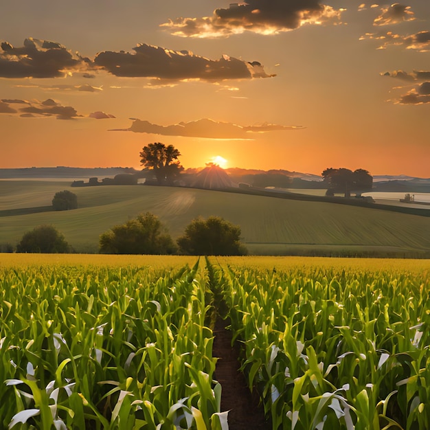 um campo de milho com um pôr-do-sol no fundo