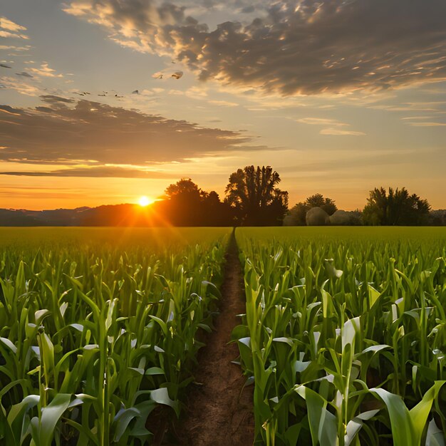 um campo de milho com um pôr-do-sol no fundo