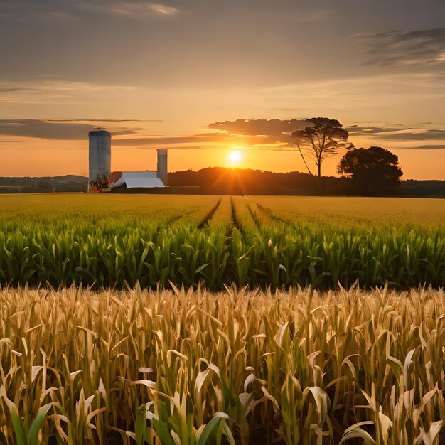 Foto um campo de milho com um pôr-do-sol no fundo