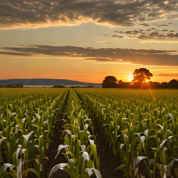 Foto um campo de milho com um pôr-do-sol no fundo