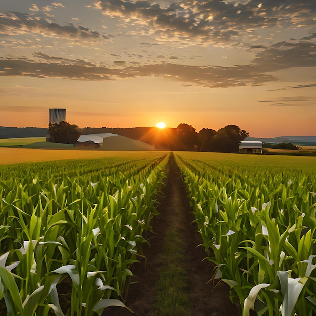 um campo de milho com um pôr-do-sol no fundo