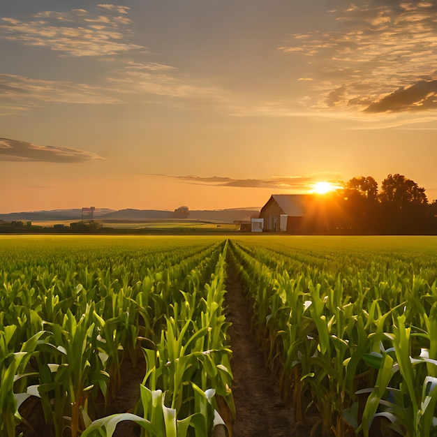 um campo de milho com um pôr-do-sol no fundo