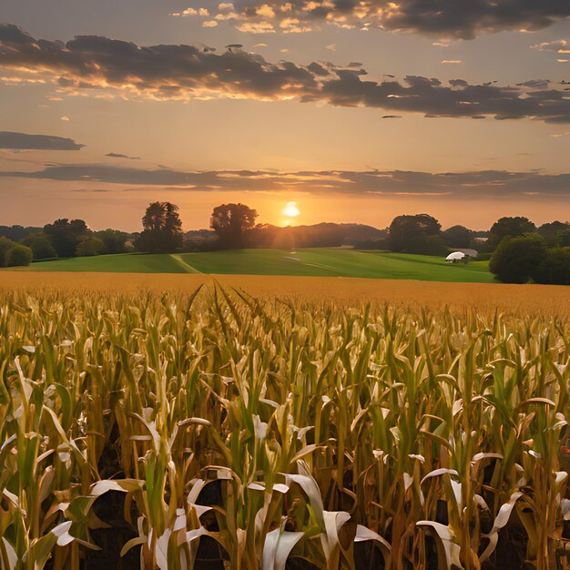 Foto um campo de milho com um pôr-do-sol no fundo