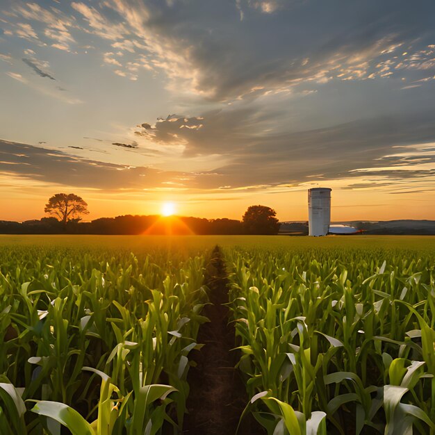 um campo de milho com um silo e um silo no fundo