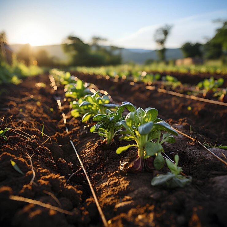 Foto um campo de mudas que estão sendo cultivadas ao sol
