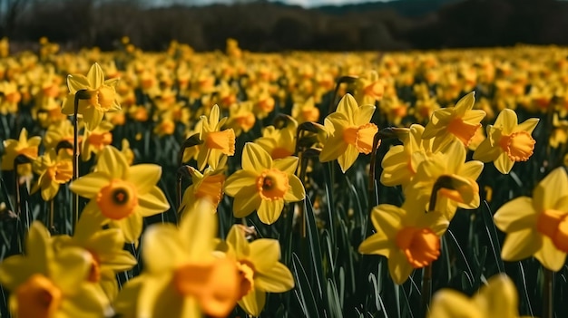 Um campo de narcisos amarelos com a palavra narcisos na parte inferior