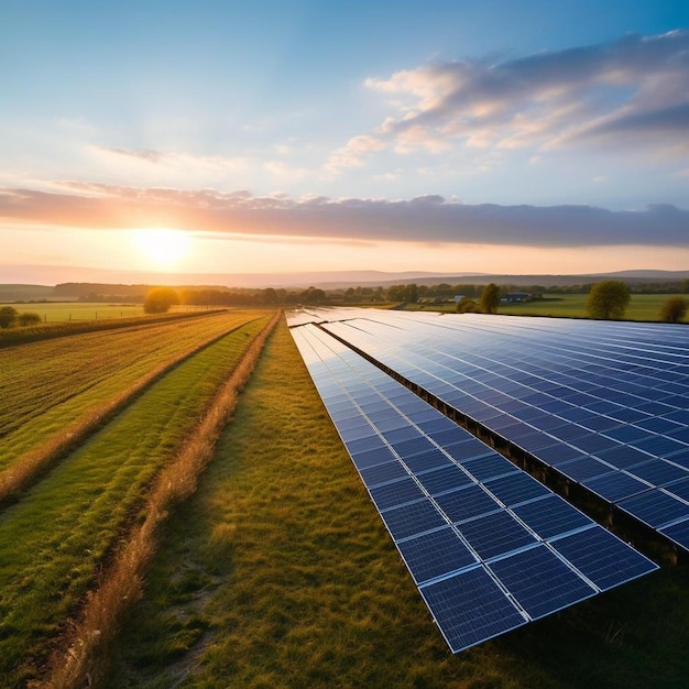 um campo de painéis solares com o sol se pondo ao fundo