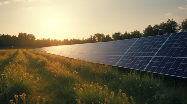 Um campo de painéis solares com o sol se pondo atrás deles.