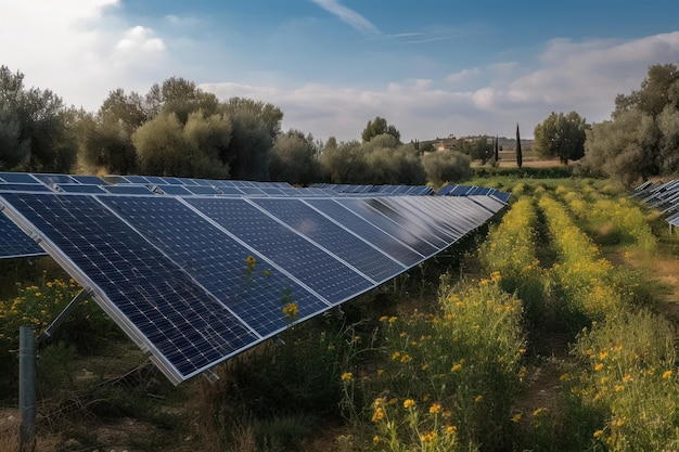 Um campo de painéis solares com um céu azul ao fundo