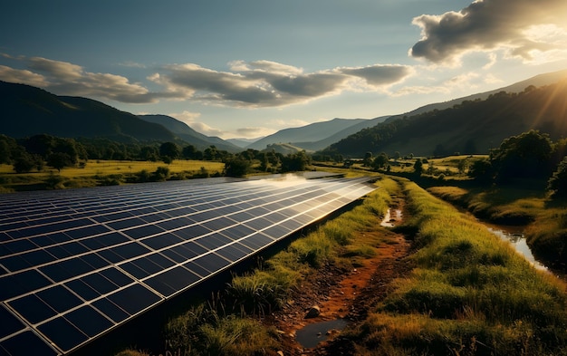 Um campo de painéis solares de energia sustentável