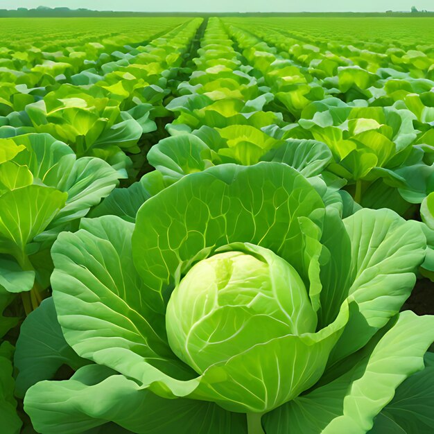 um campo de repolho verde com uma grande cabeça de repolhos no meio