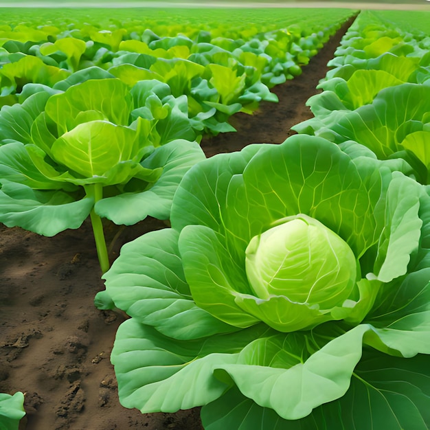 um campo de repolho verde com uma grande cabeça de repolhos no meio