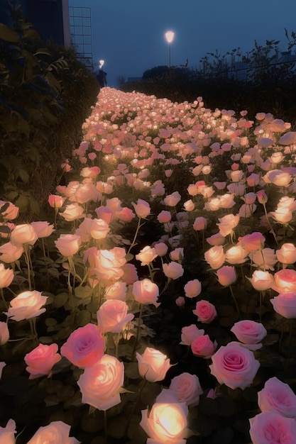 Um campo de rosas com uma luz rosa nele.