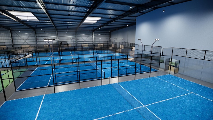 Foto um campo de tênis de padel azul com uma rede azul