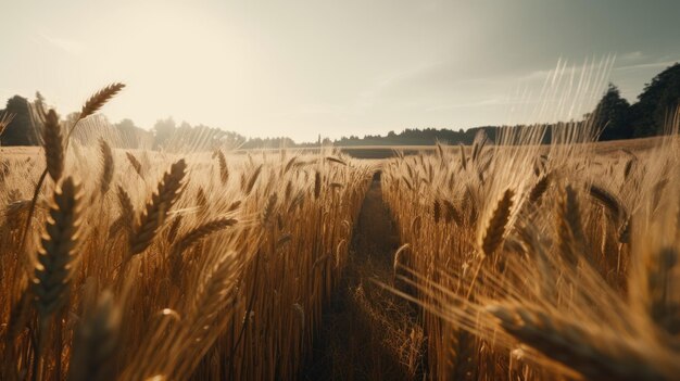 Um campo de trigo com o sol brilhando no horizonte