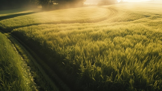 Um campo de trigo com o sol brilhando sobre ele